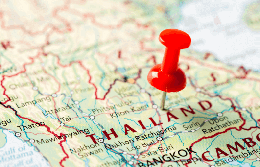 Carte de l'Asie avec punaise marquant la Thailande - Circuit Thailande, perles du sud
